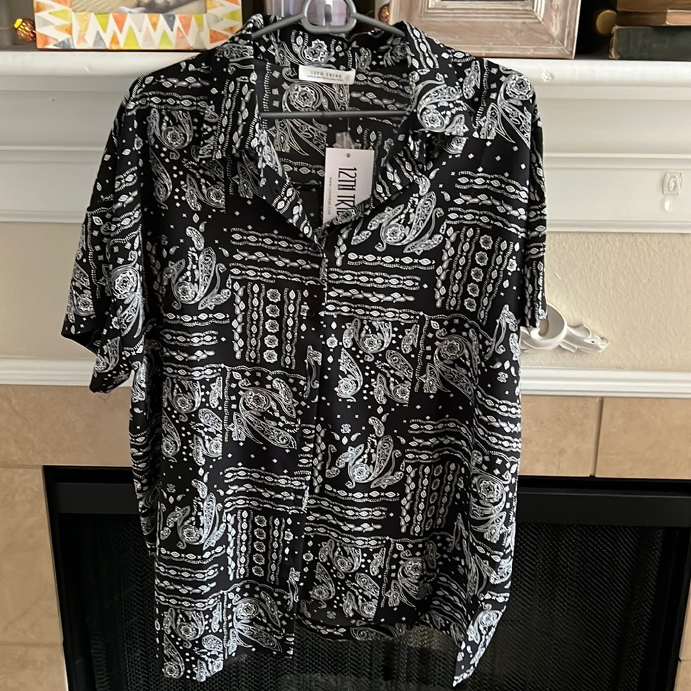 12th Tribe Black and White Button Bandana Print Down Boyfriend Shirt